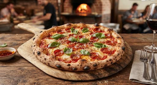 Pizza artesanal con pepperoni y albahaca, recién salida del horno de leña